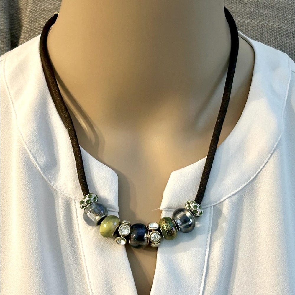 NEW! Beaded Necklace with Blue/Green Accents on Satin Cord; large fancy clasp